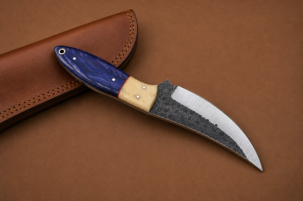 ForgeCraft Carbon Steel Knife – Hand Forged Blade with Wood & Bone Handle and Leather Sheath