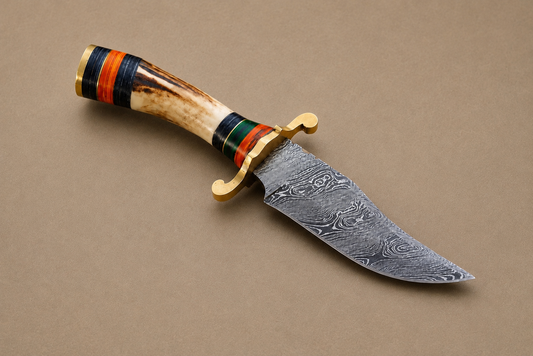 Heritage Damascus Steel Knife – Hand Forged 512-Layer Blade with Stag Handle With Brass Guard