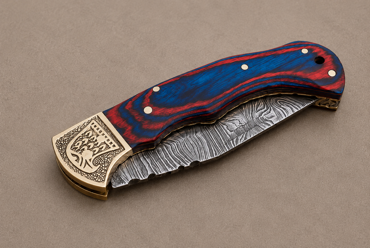 Hand Forged Damascus Steel Folding Pocket Knife with Wood Handle