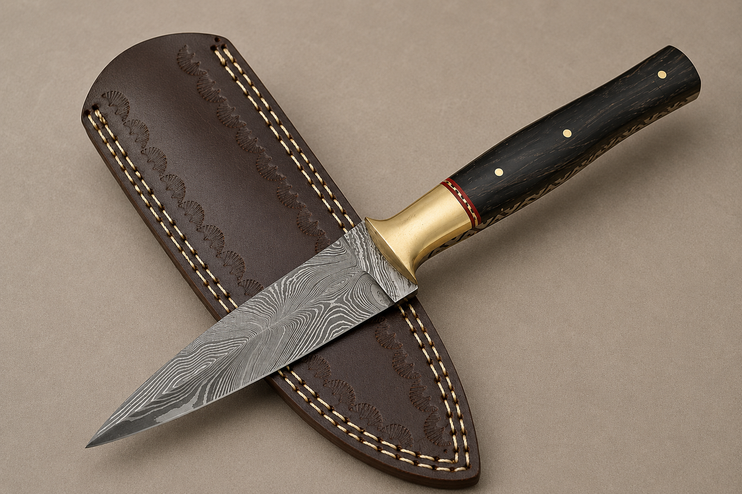 Midnight Horn Damascus Steel Knife – 512 Layer Hand Forged Blade with Bull Horn Handle & Leather Sheath