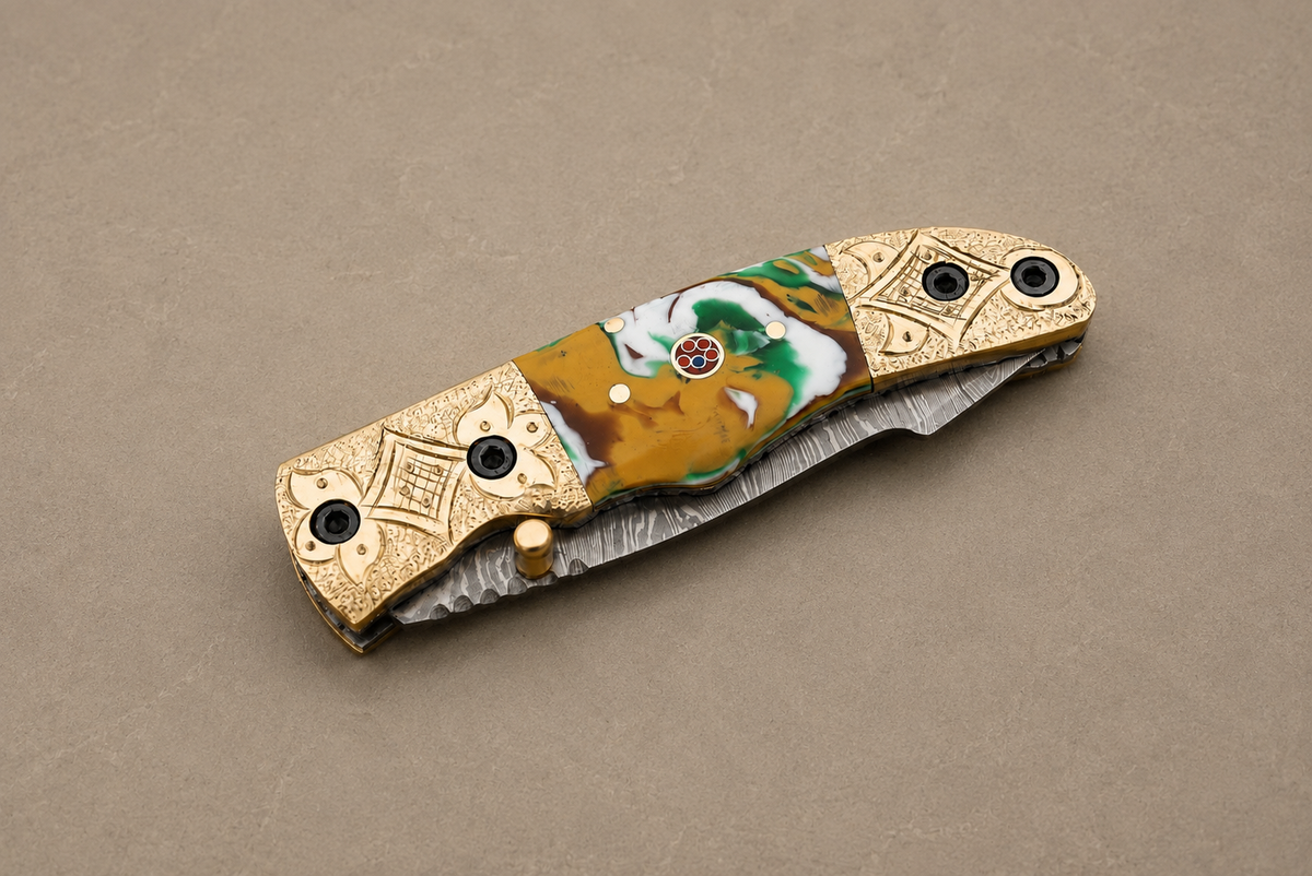 Hand Forged Damascus Steel Folding Pocket Knife – 512 Layers with Wood & Steel Bolster Handle and Leather Sheath