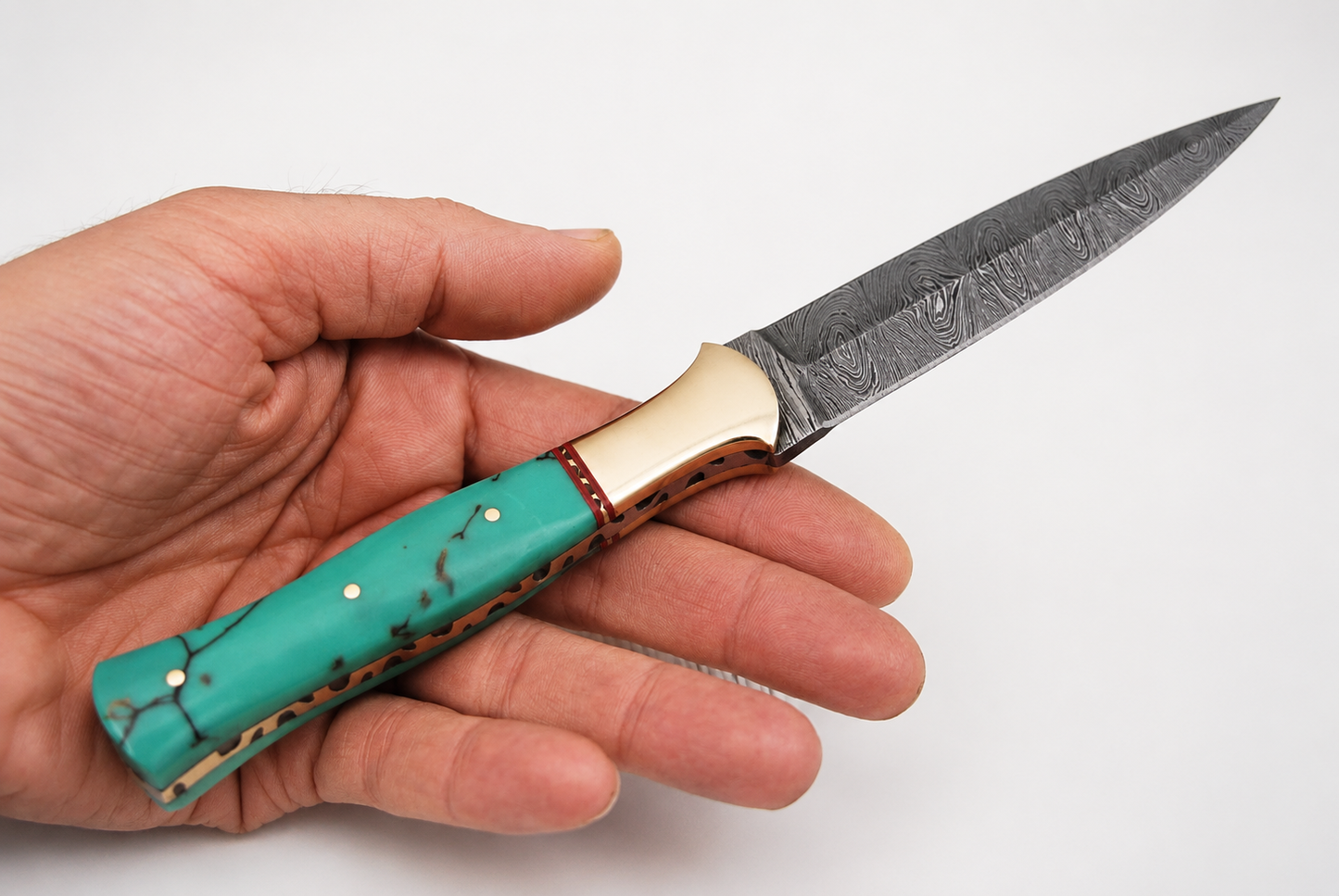 Hand Forged Damascus Steel Fixed Blade Knife – Resin & Brass Bolster Handle | Leather Sheath Included
