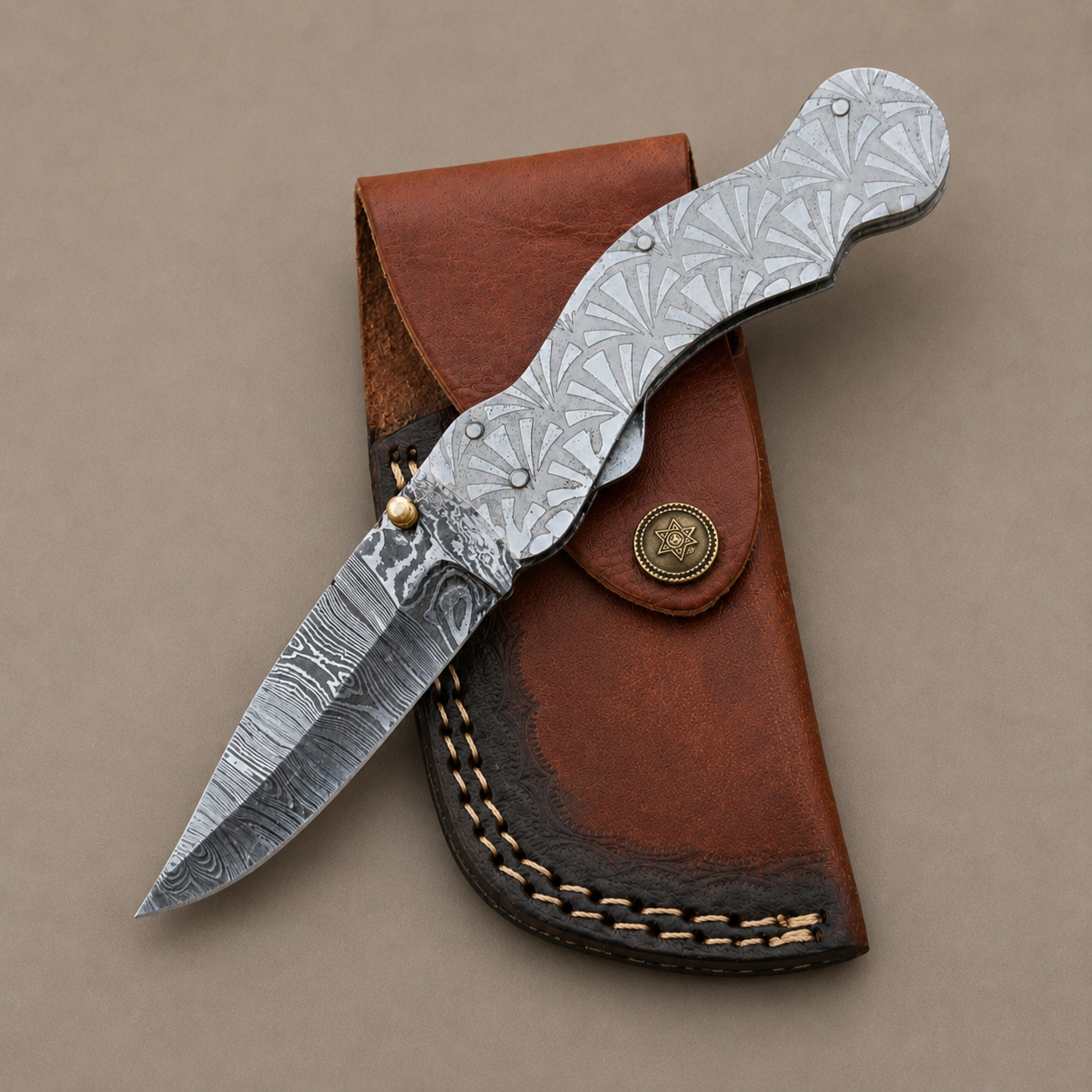 Hand Forged Damascus Steel Folding Pocket Knife with Engraved Steel Handle