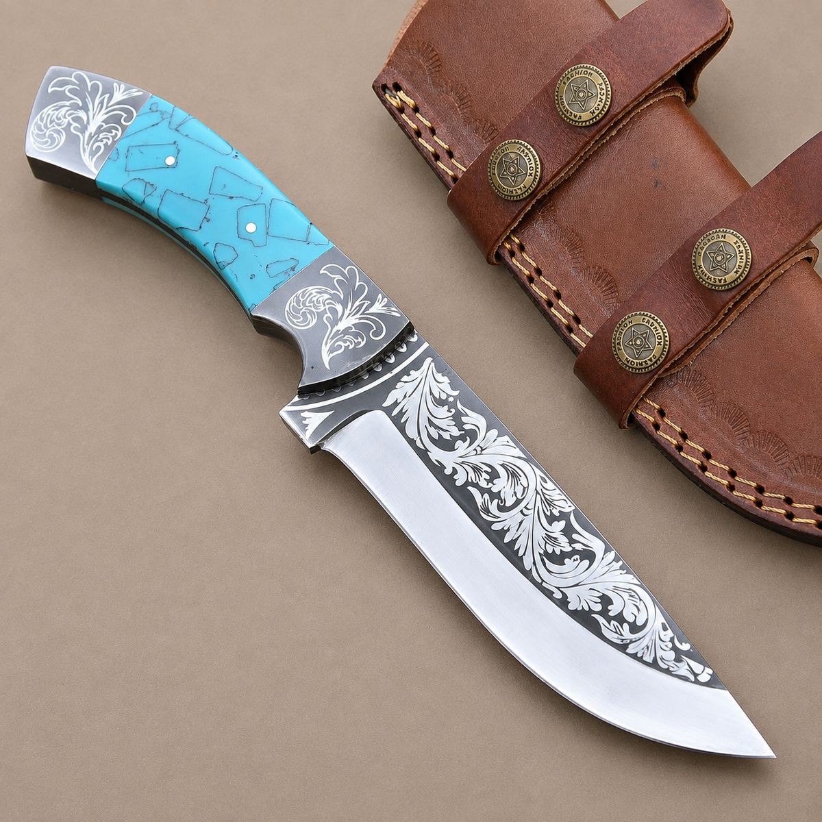 Handmade High Polish Carbon Steel Outdoor Utility Knife with Leather Sheath
