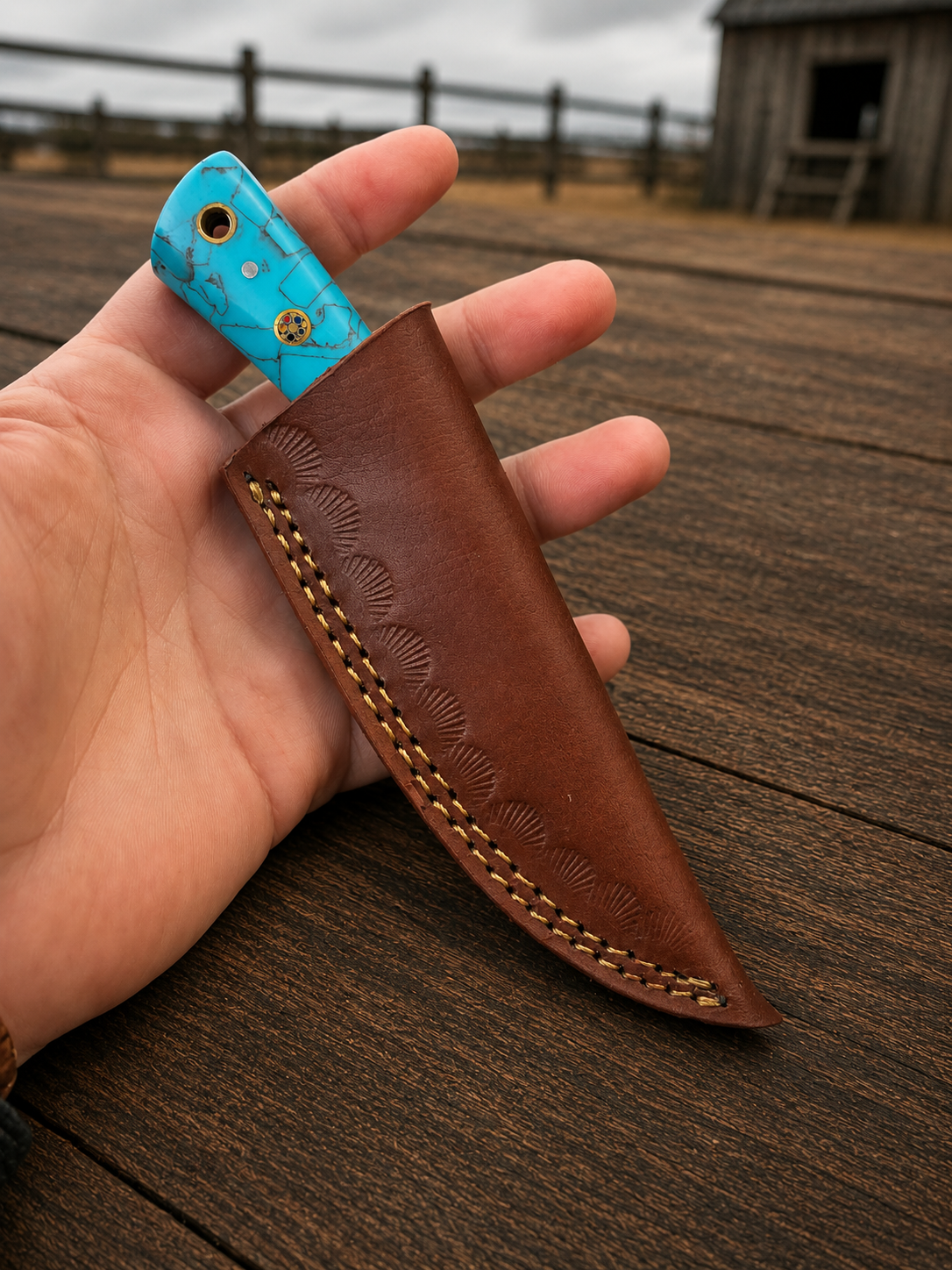 Handmade D2 Steel Fixed Blade Knife with Resin Handle & Leather Sheath – Mirror Polished Finish