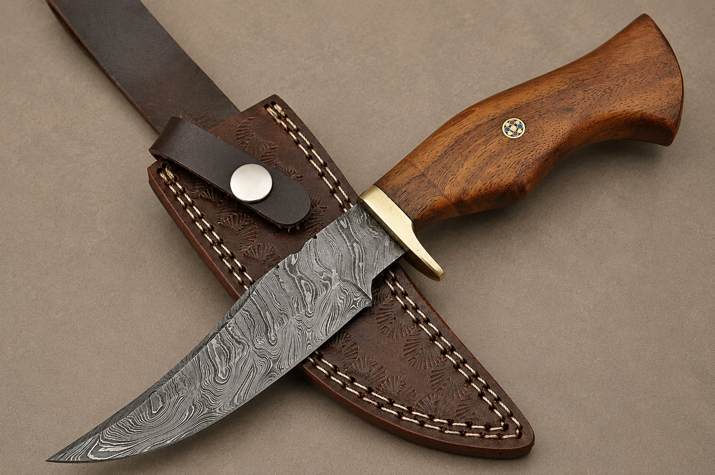 Timber Ridge Damascus Steel Knife – 512 Layer Hand Forged Blade with Wood Handle, Brass Guard & Leather Sheath
