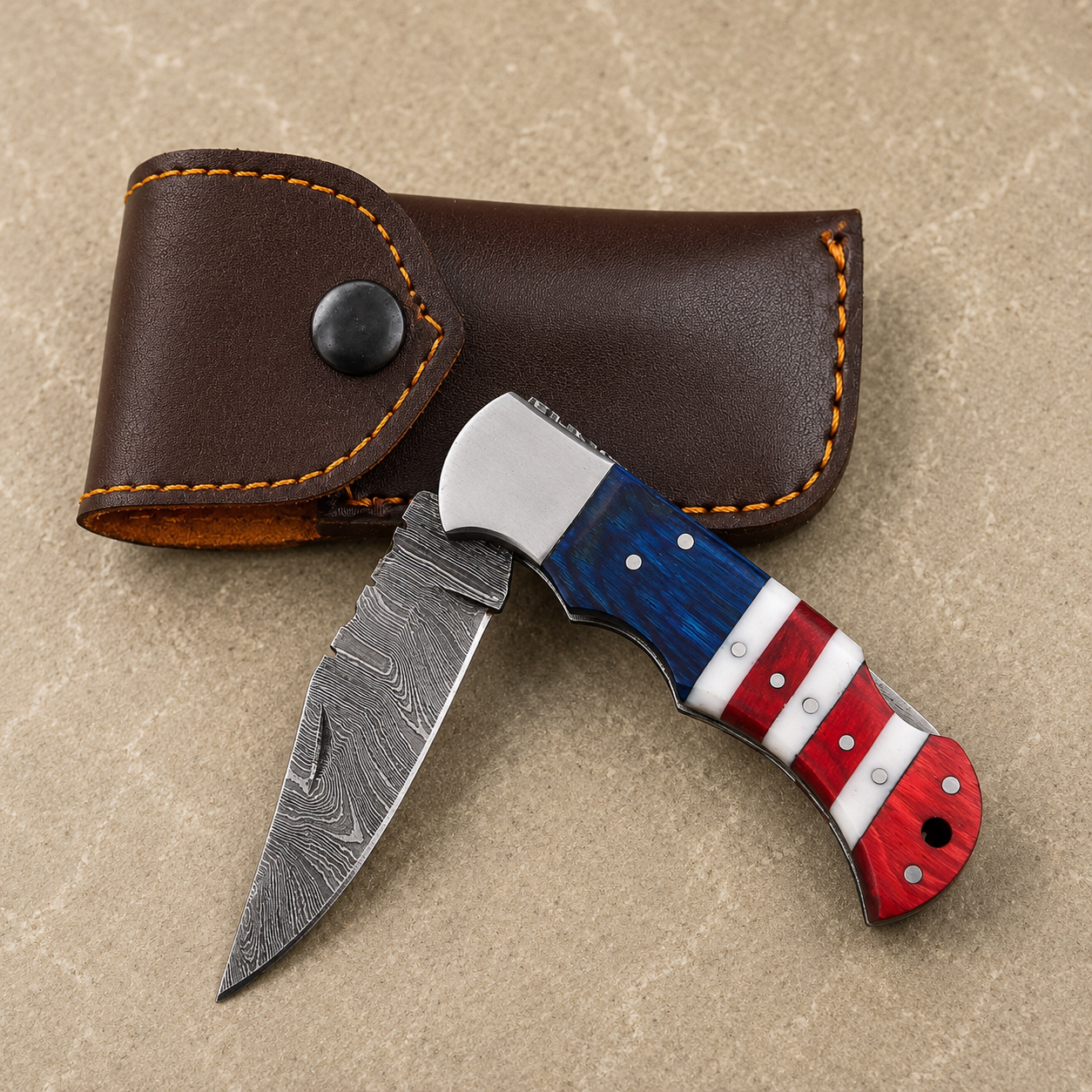 Artisan Folding Damascus Steel Pocket Knife – Blue & Red  Pakka Wood & Ivory Bone Handle, Steel Bolster & Classic Back Lock