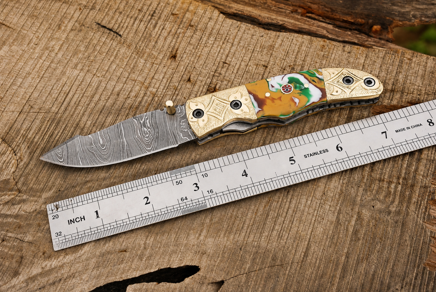 Hand Forged Damascus Steel Folding Pocket Knife – 512 Layers with Wood & Steel Bolster Handle and Leather Sheath