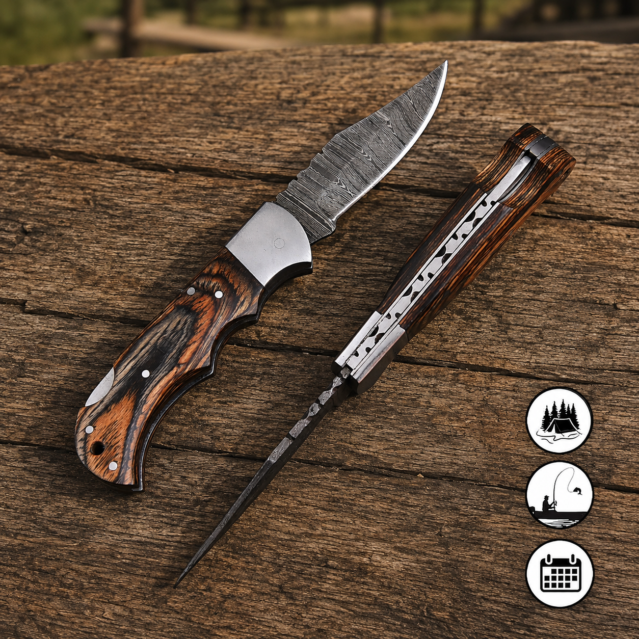 Artisan Folding Damascus Steel Pocket Knife – Brown Pukka Wood Handle | Steel Bolster | Classic Back Lock