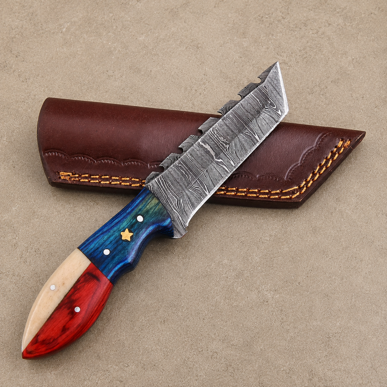 Lone Star Legacy Fixed Blade Knife – Hand Forged Steel with Texas Flag Handle, Bone & Wood Scales, Leather Sheath