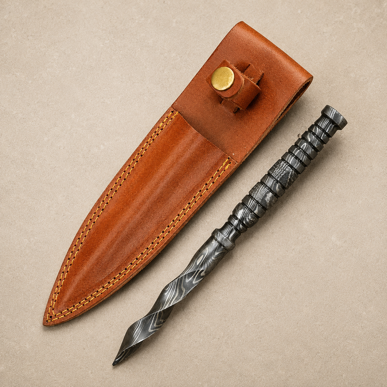 Wave Crest Damascus Steel Knife – 512 Layer Hand Forged Twist Pattern Blade with Leather Sheath