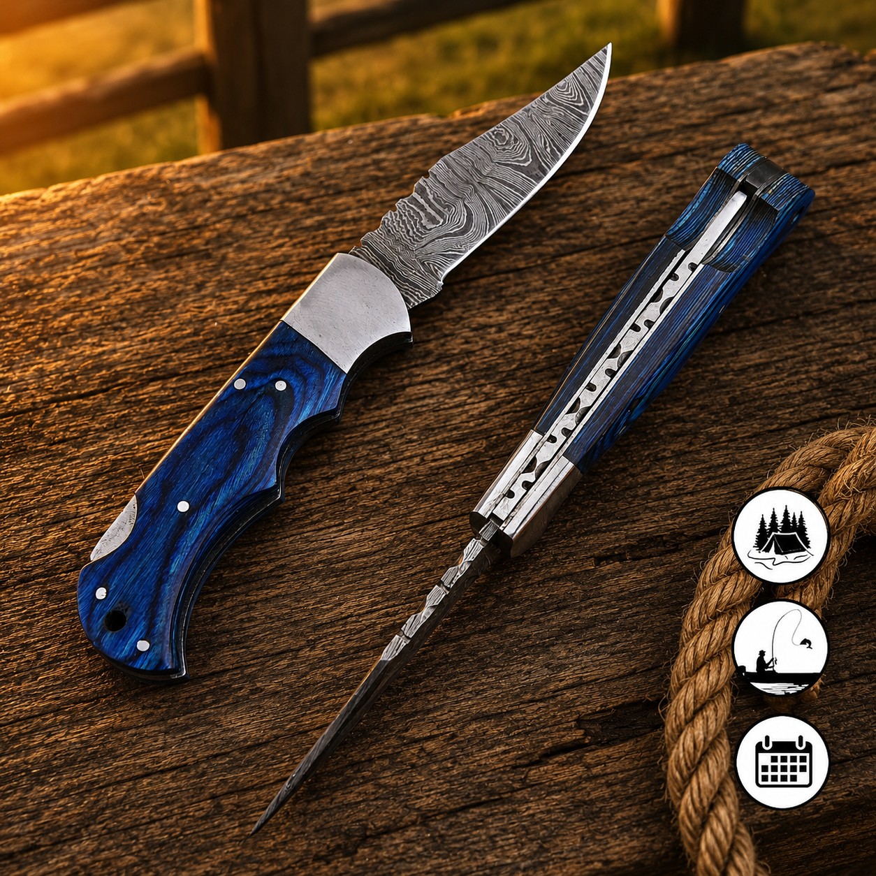 Artisan Folding Damascus Steel Pocket Knife – Blue Pukka Wood Handle | Steel Bolster | Classic Back Lock