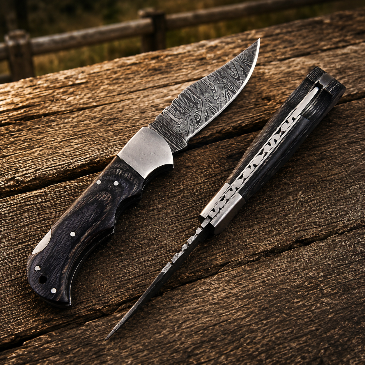 Artisan Folding Damascus Steel Pocket Knife – Black Pukka Wood Handle | Steel Bolster | Classic Back Lock