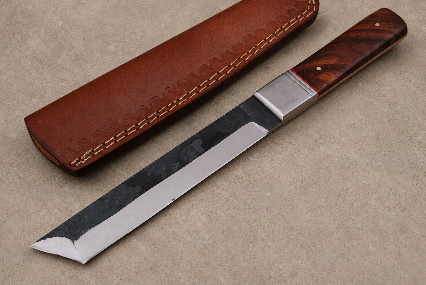 Iron Peak Carbon Steel Knife – Hand Forged Angled Blade with Wood Handle & Leather Sheath