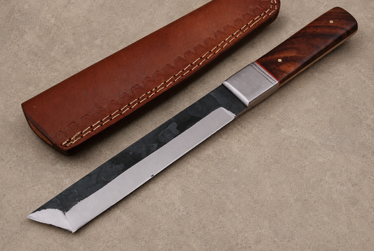 Iron Peak Carbon Steel Knife – Hand Forged Angled Blade with Wood Handle & Leather Sheath