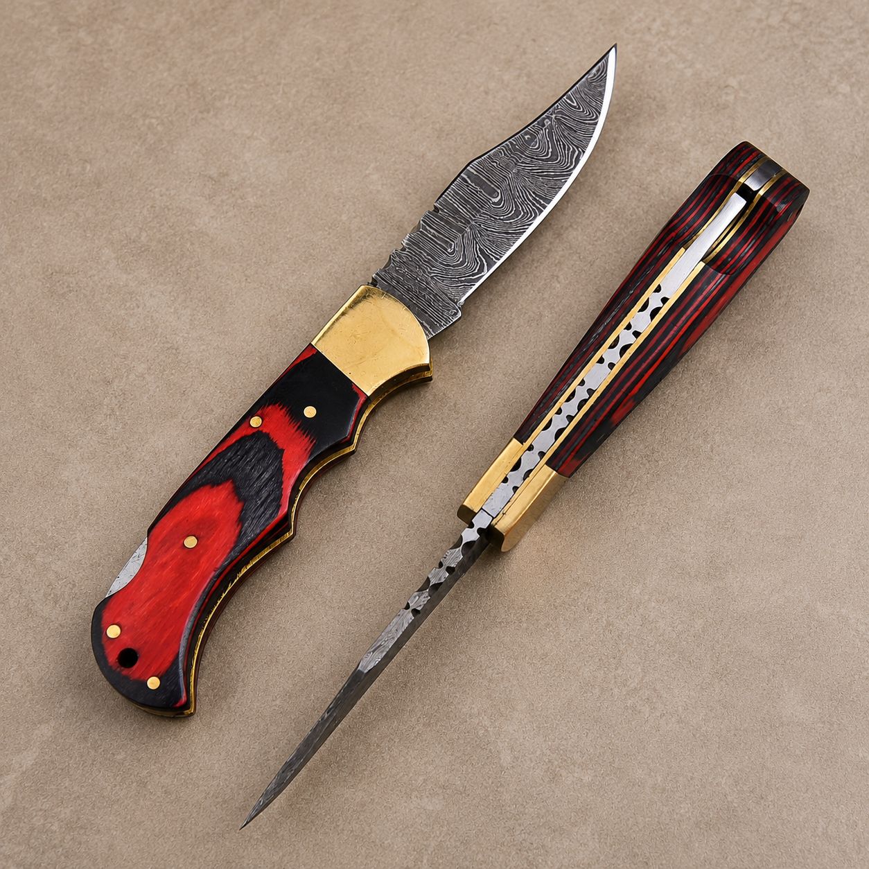 Artisan Folding Knife – Red Pakka Wood Handle, Brass Bolsters, Back Lock & Leather Sheath