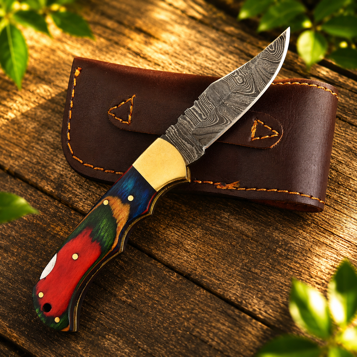 Handcrafted Damascus Steel Folding Utility Knife – Premium Outdoor Tool with Wood & Brass Handle