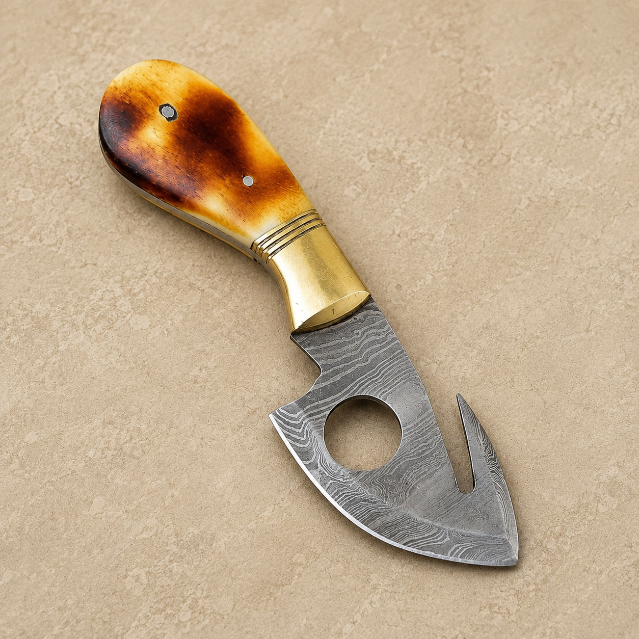 Bone Crest Damascus Steel Utility Knife – 512 Layer Hand Forged Compact Fixed Blade with Bone Handle & Leather Sheath