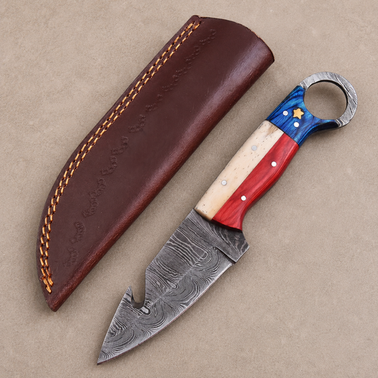 Hand Forged Damascus Steel Fixed Blade Knife with Texas Flag Bone & Wood Handl