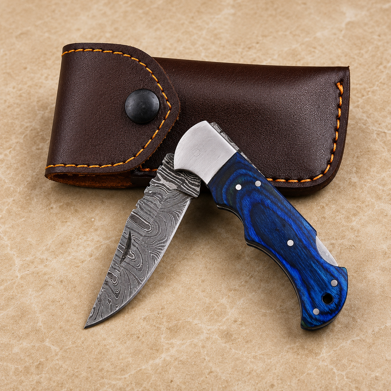 Artisan Damascus Steel Outdoor Folding Pocket Knife – Blue Pukka Wood Handle | Steel Bolster | Classic Back Lock