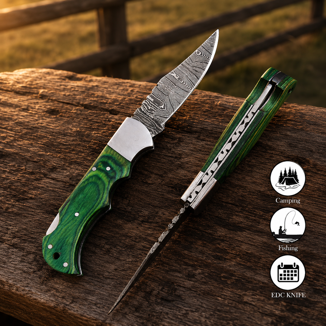 Artisan Folding Damascus Steel Knife – Premium Wood Handle | Steel Bolster |Green Handle| Classic Lock back