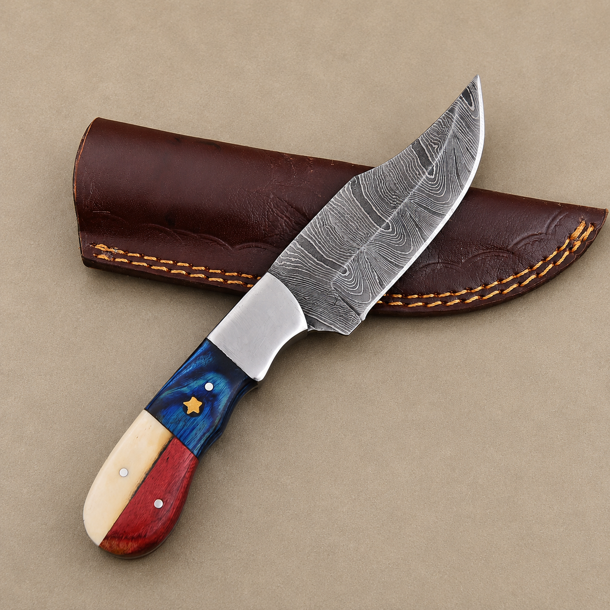 Damascus Steel Fixed Blade Knife with Texas Flag Color Bone & Pakka Wood Handle, Genuine Leather Sheath