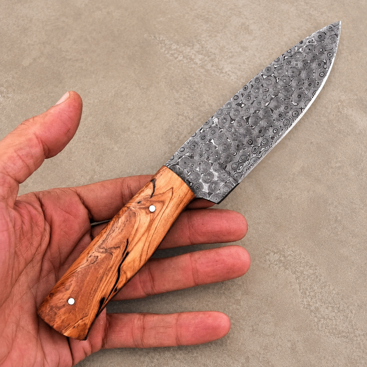 Rain Drop Damascus Steel Utility Knife – Hand Forged 512-Layer Fixed Blade with Natural Wood Handle & Leather Sheath