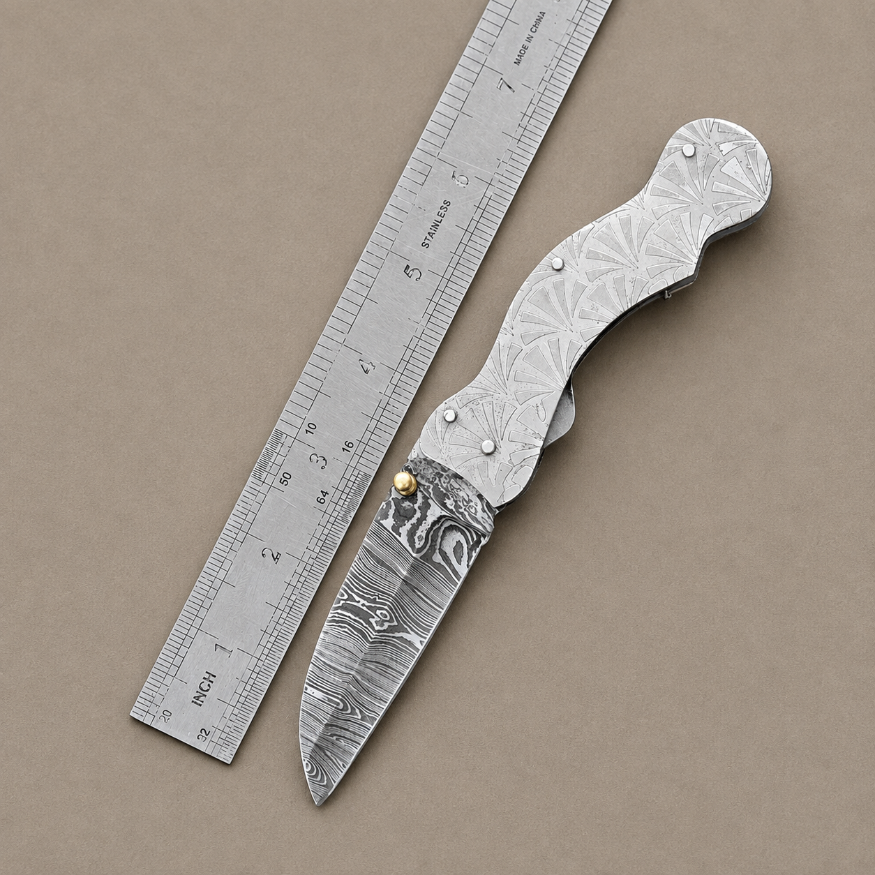 Hand Forged Damascus Steel Folding Pocket Knife with Engraved Steel Handle
