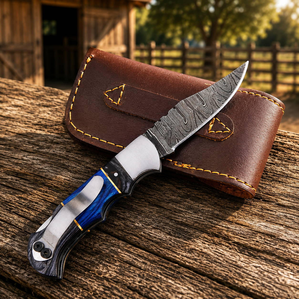 Hand Forged Damascus Folding Knife – Steel Bolster Pakka Wood Pocket Knife with Leather Sheath {Custom Engraving Available}