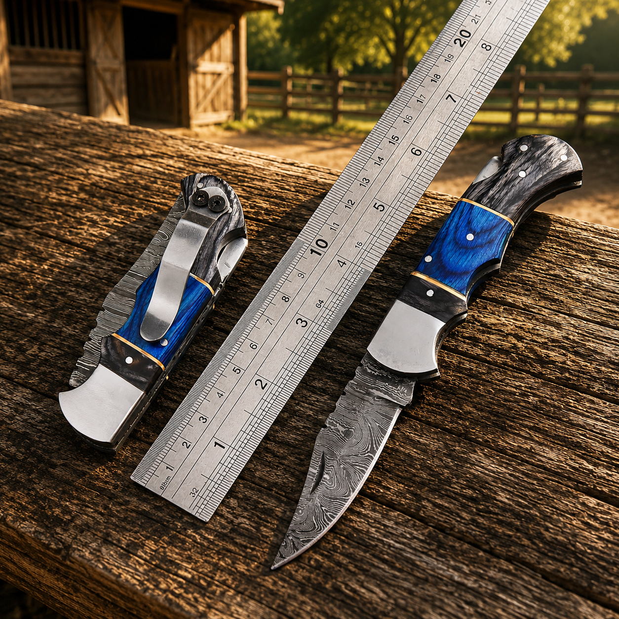 Hand Forged Damascus Folding Knife – Steel Bolster Pakka Wood Pocket Knife with Leather Sheath {Custom Engraving Available}