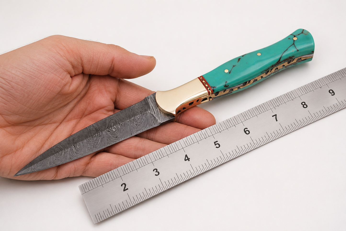 Hand Forged Damascus Steel Fixed Blade Knife – Resin & Brass Bolster Handle | Leather Sheath Included