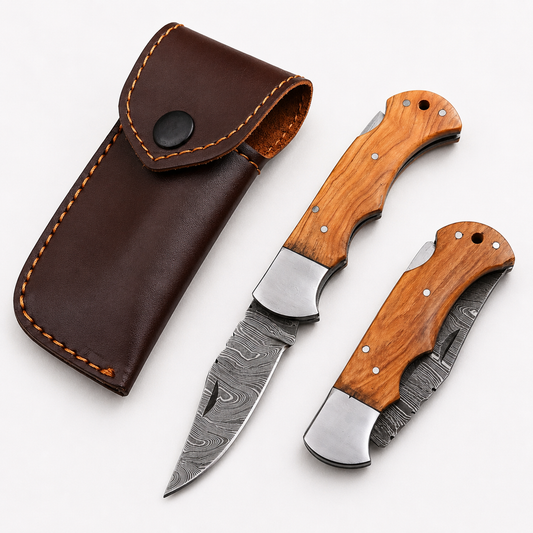 Hand Forged Folding Damascus Steel Pocket Knife – Premium Wood Handle | Steel Bolster | Back Lock Design