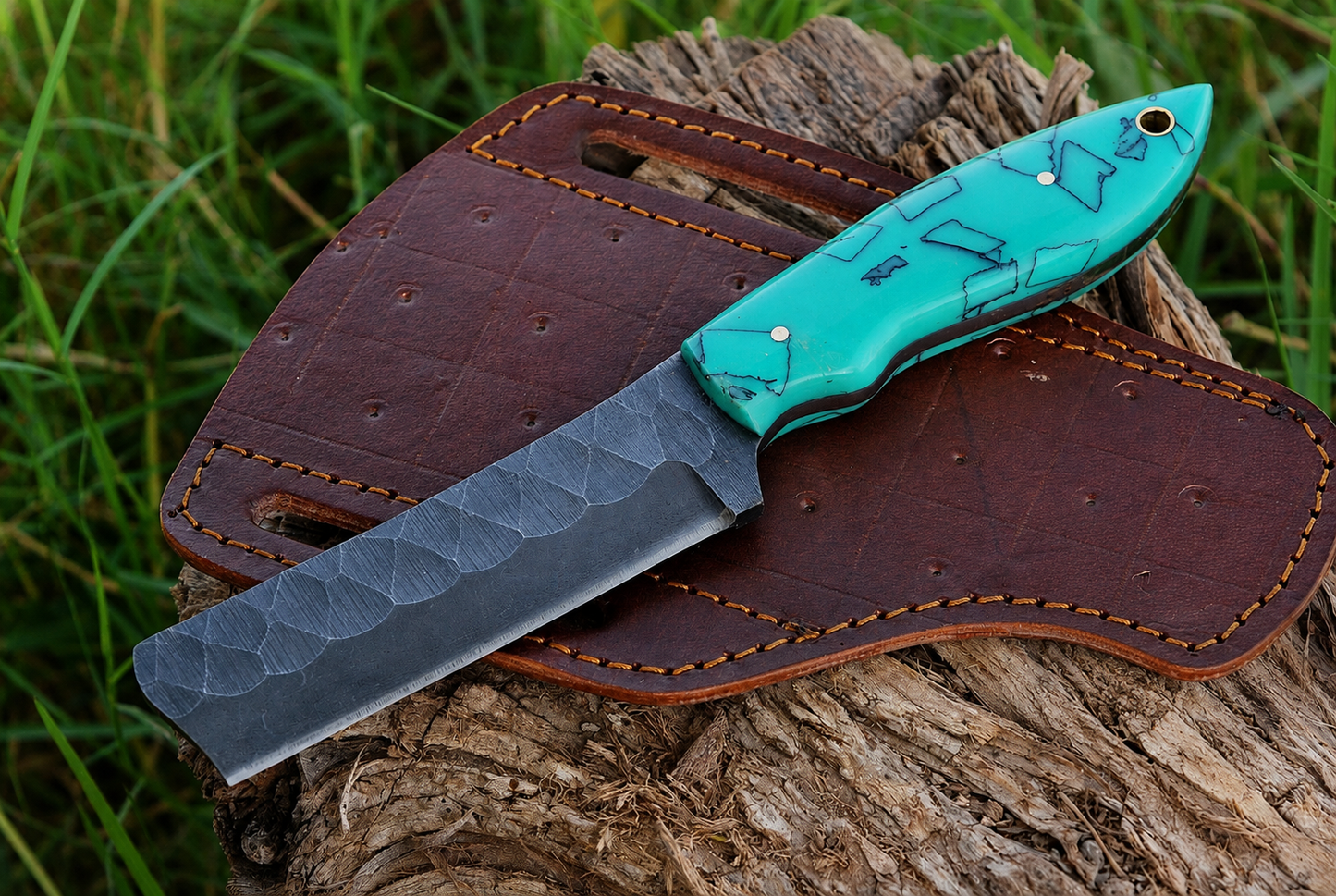 Hand Forged Railroad Steel Fixed Blade Knife with Risen Handle – Compact Utility Knife with Leather Sheath