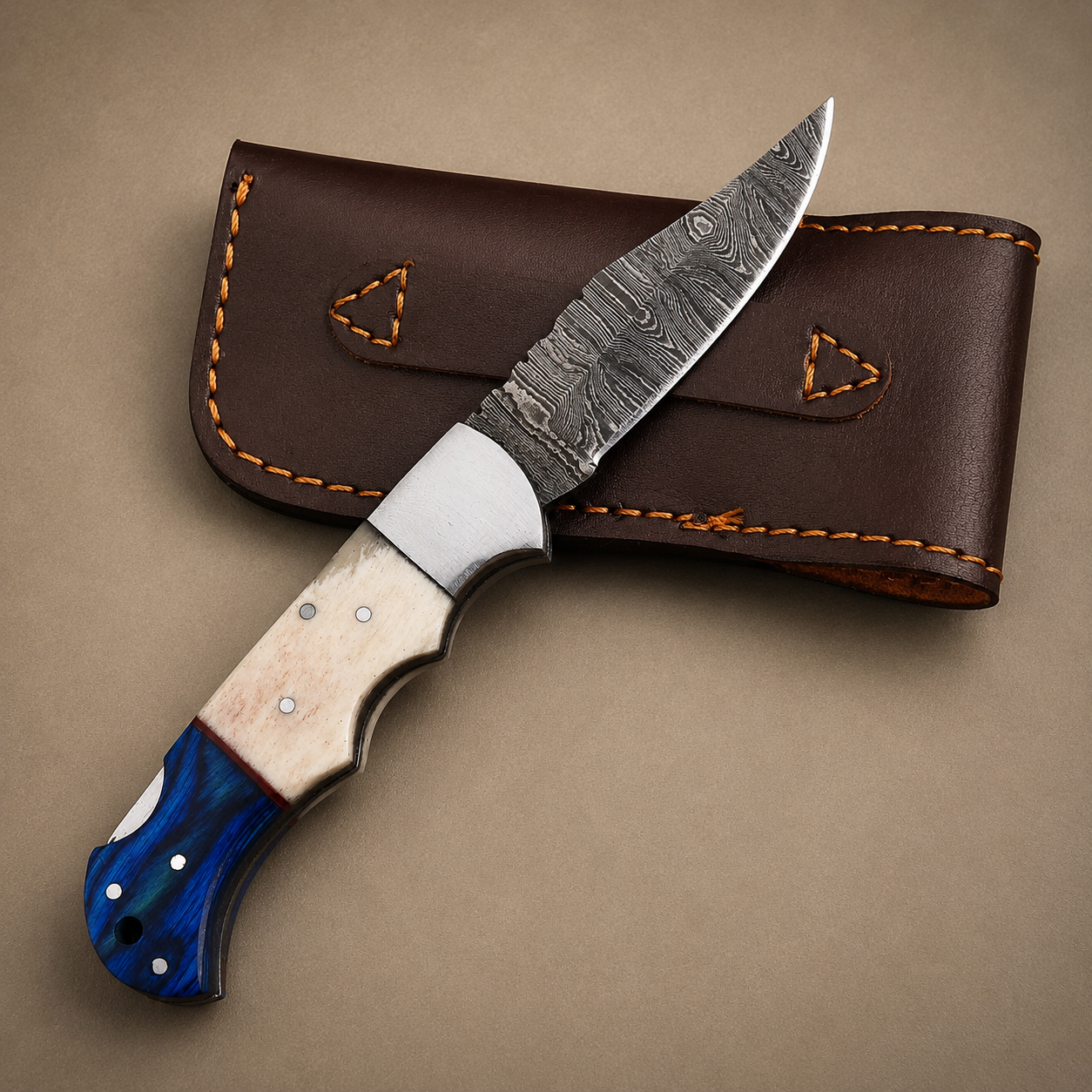 Blue Ridge Damascus Folding Knife – Bone & Blue Wood Handle with Custom Engraving