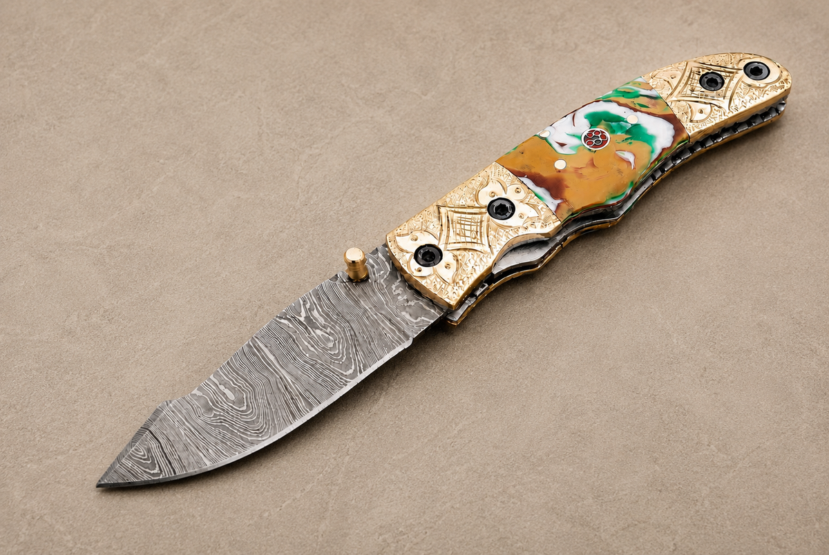 Hand Forged Damascus Steel Folding Pocket Knife – 512 Layers with Wood & Steel Bolster Handle and Leather Sheath
