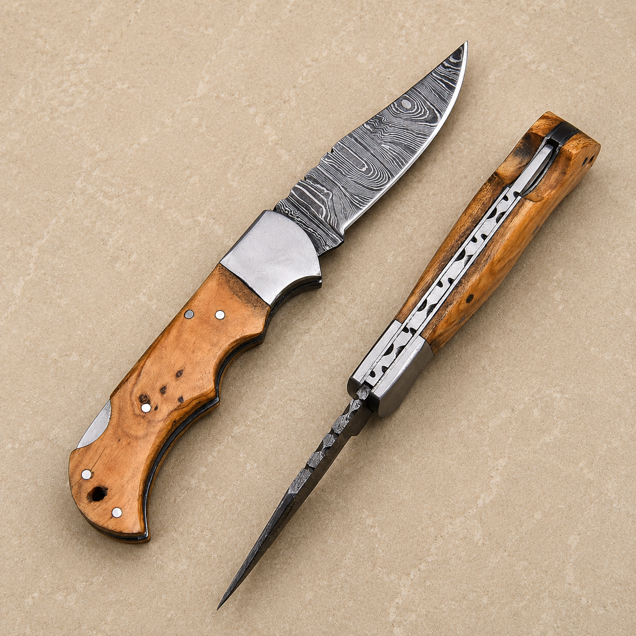 Hand Forged Folding Damascus Steel Pocket Knife – Premium Wood Handle | Steel Bolster | Back Lock Design
