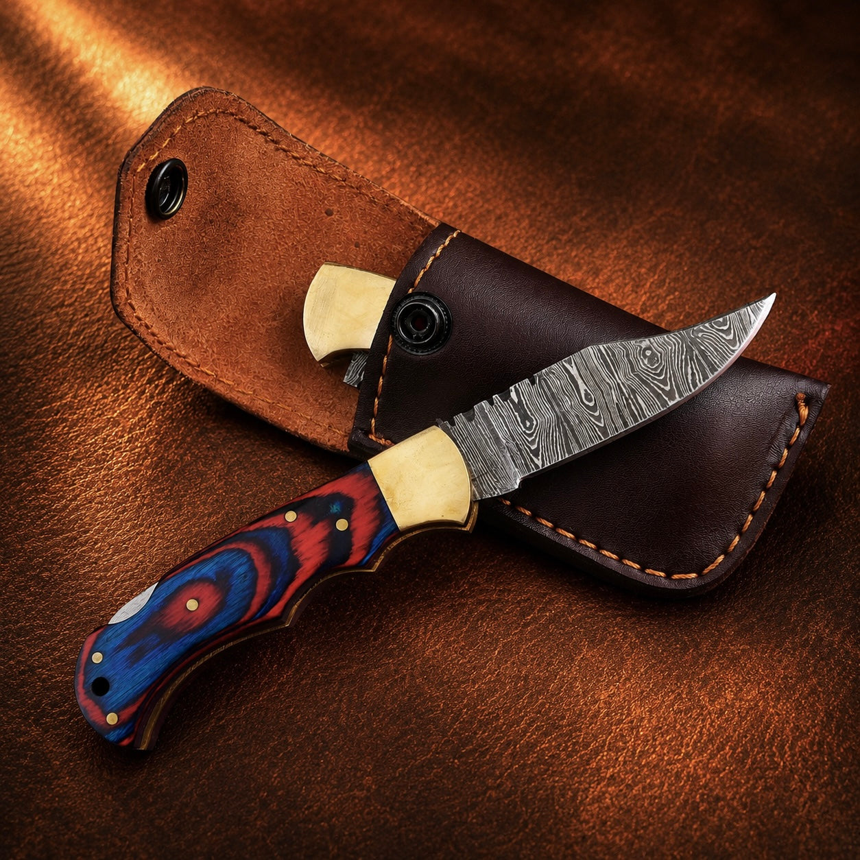Heritage Damascus Folding Knife – Hand Forged Steel with Pukka Wood Handle, Brass Bolster & Leather Sheath