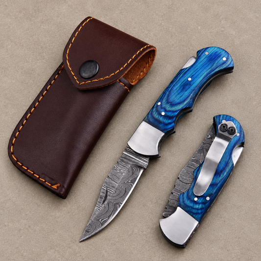 Personalized Damascus Folding Knife – Blue Pakka Wood Handle, Steel Bolster, Back Lock & Leather Sheath | Custom Engraved Gift