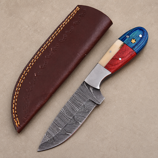 Lone Republic Damascus Knife – 512-Layer Hand Forged Fixed Blade with Texas Flag Bone & Wood Handle, Genuine Leather Sheath