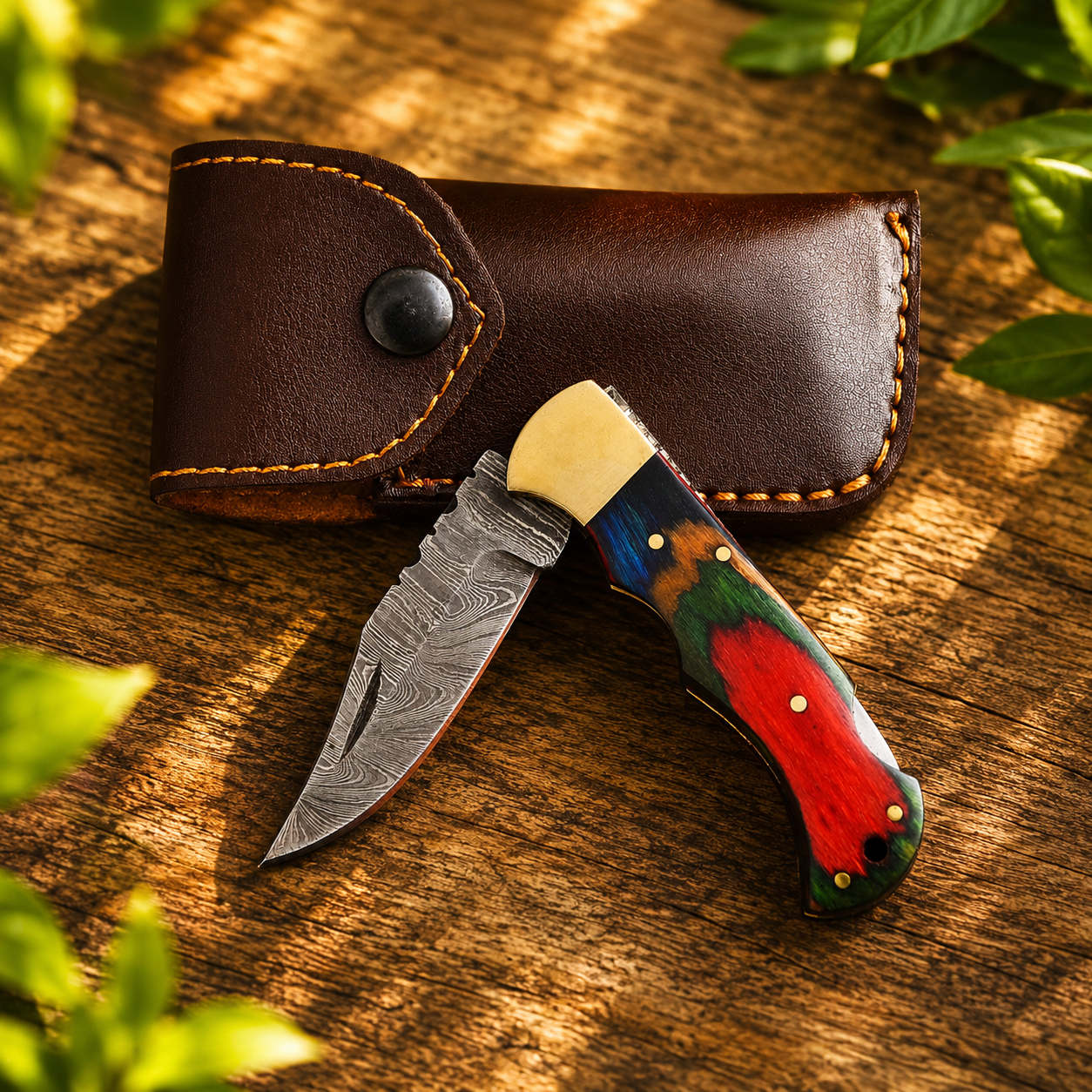 Handcrafted Damascus Steel Folding Utility Knife – Premium Outdoor Tool with Wood & Brass Handle
