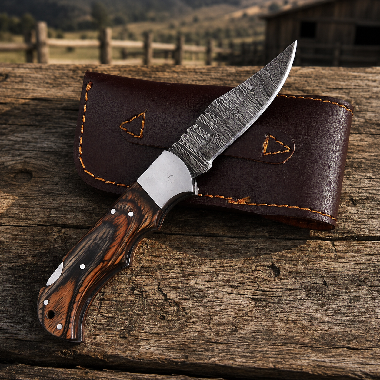 Artisan Folding Damascus Steel Pocket Knife – Brown Pukka Wood Handle | Steel Bolster | Classic Back Lock