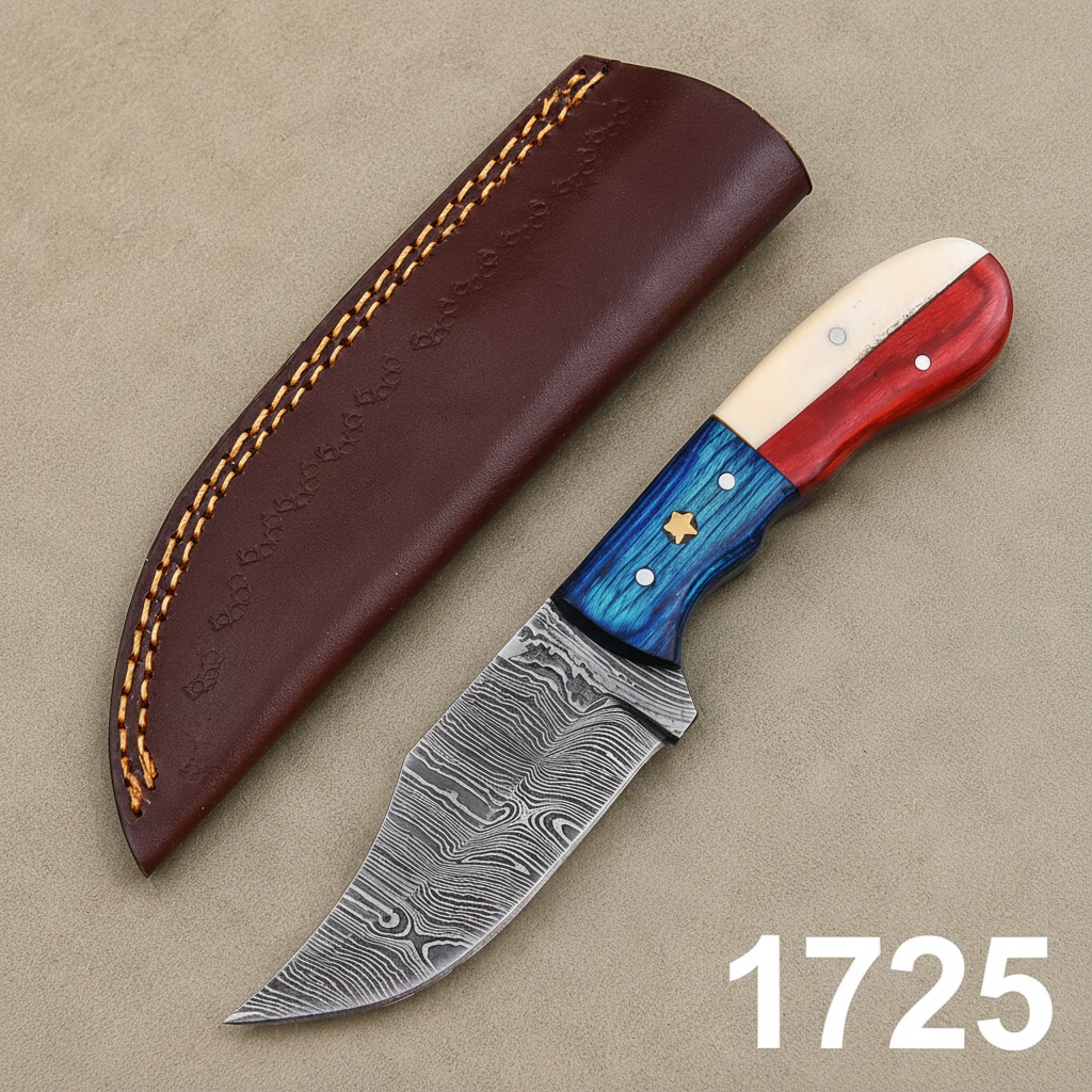 Republic Forge Damascus Steel Knife – 512-Layer Hand Forged Fixed Blade with Texas Flag Bone & Wood Handle, Leather Sheath