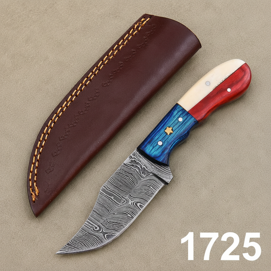 Republic Forge Damascus Steel Knife – 512-Layer Hand Forged Fixed Blade with Texas Flag Bone & Wood Handle, Leather Sheath