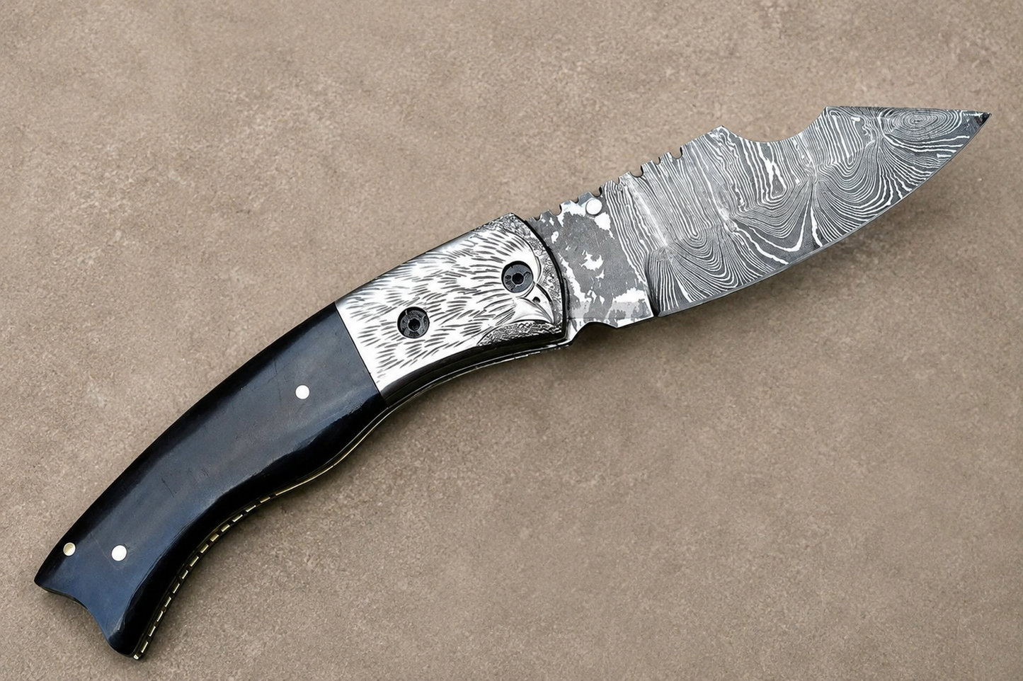 Hand Forged Damascus Steel Folding Knife with Bull Horn Handle