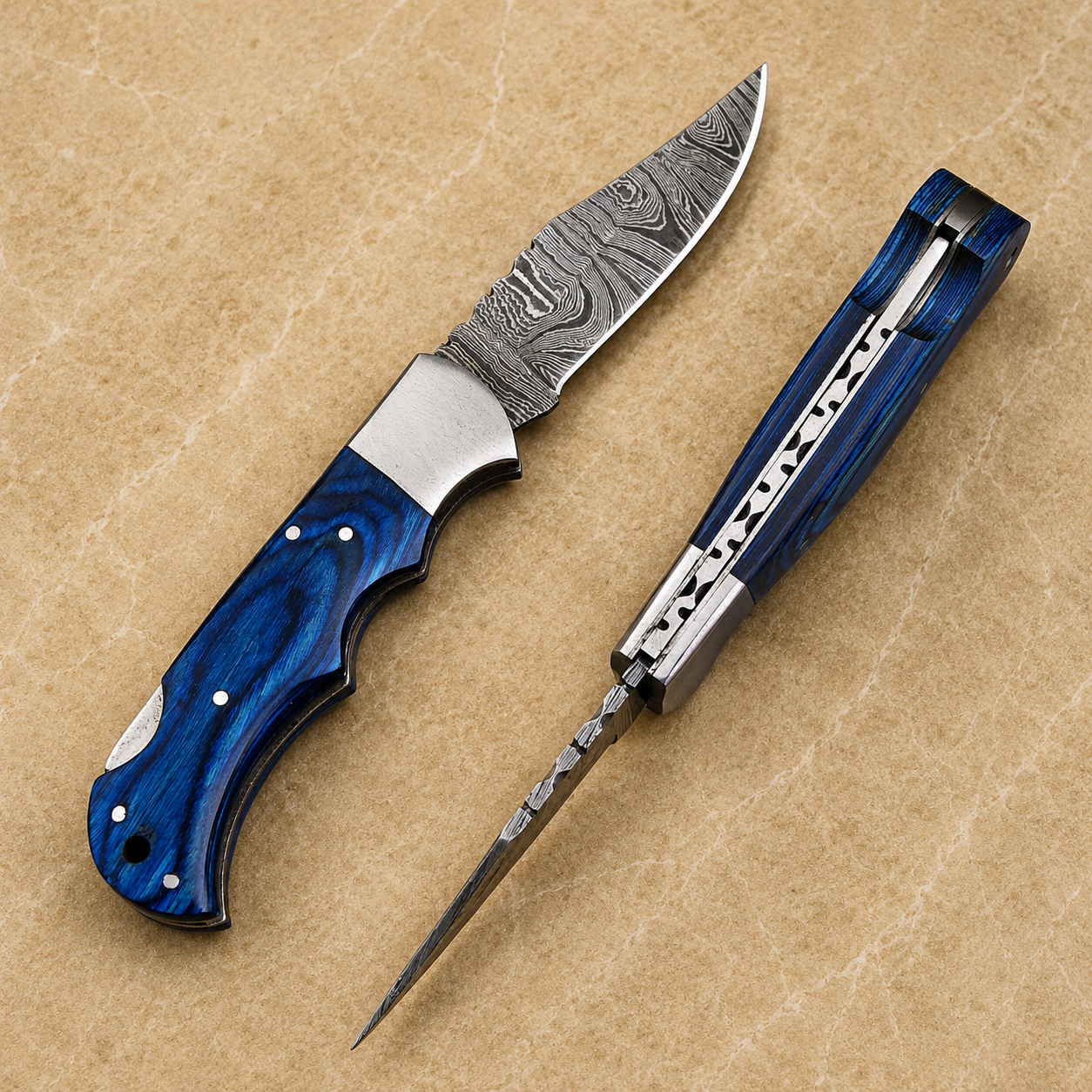 Artisan Damascus Steel Outdoor Folding Pocket Knife – Blue Pukka Wood Handle | Steel Bolster | Classic Back Lock