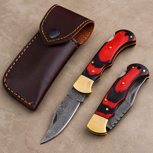 Artisan Folding Knife – Red Pakka Wood Handle, Brass Bolsters, Back Lock & Leather Sheath
