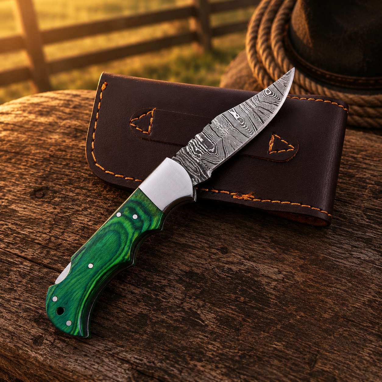 Artisan Folding Damascus Steel Knife – Premium Wood Handle | Steel Bolster |Green Handle| Classic Lock back
