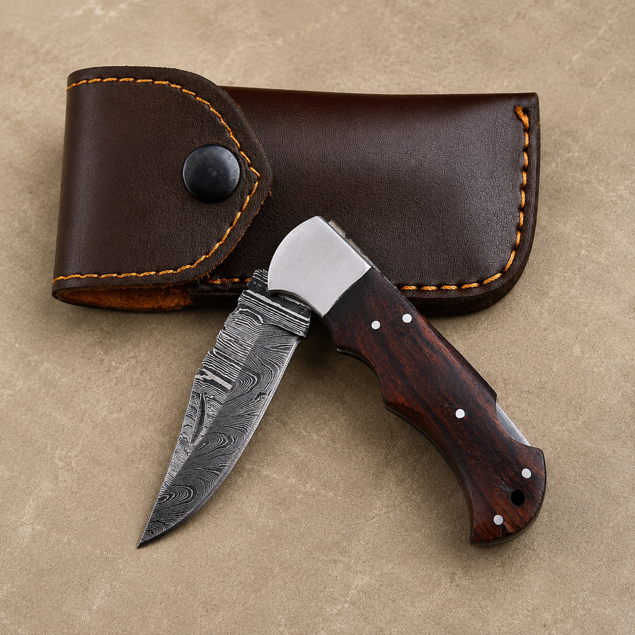 Artisan Damascus Folding Knife – Mocha Brown Rose Wood Handle