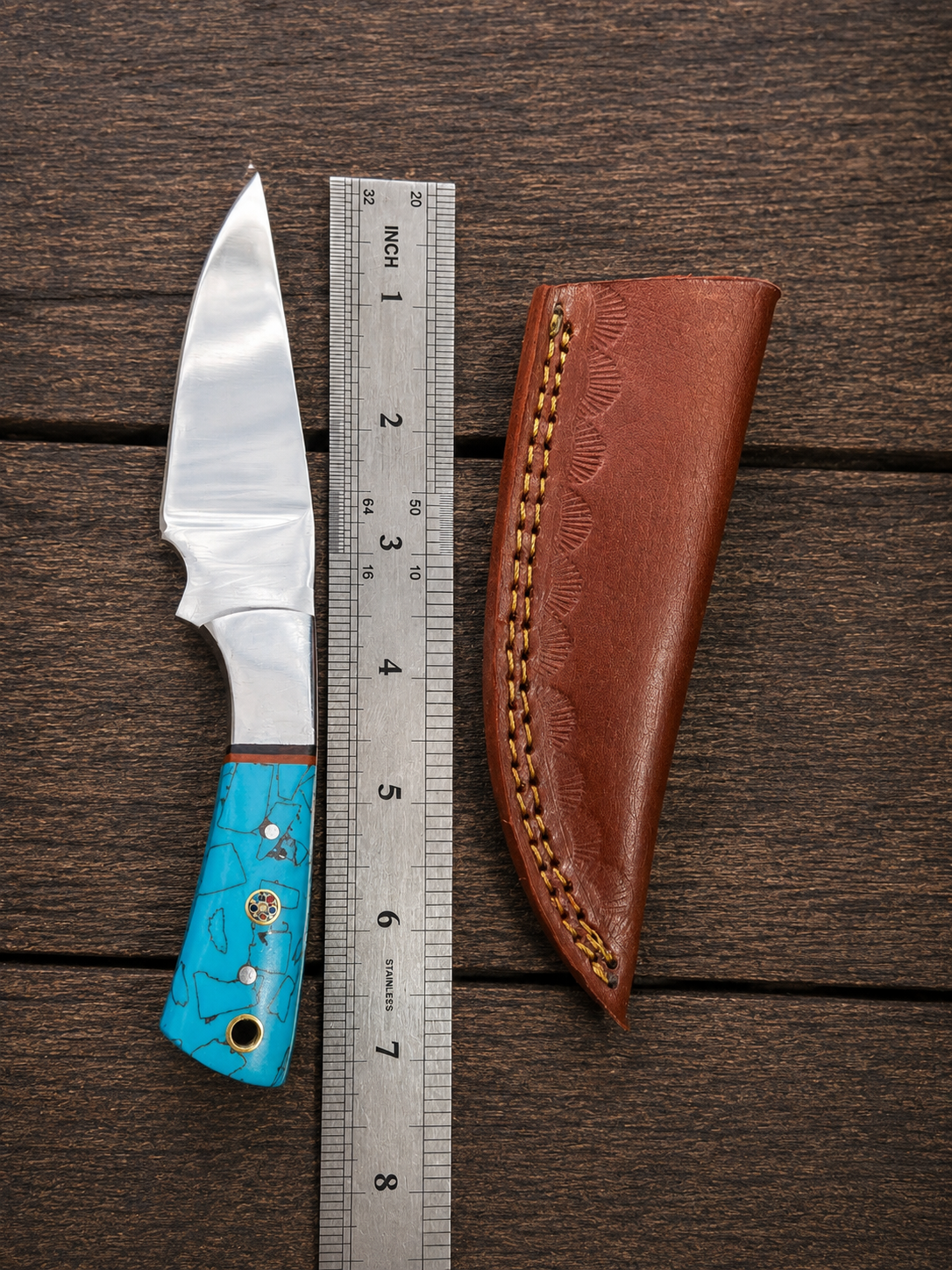 Handmade D2 Steel Fixed Blade Knife with Resin Handle & Leather Sheath – Mirror Polished Finish