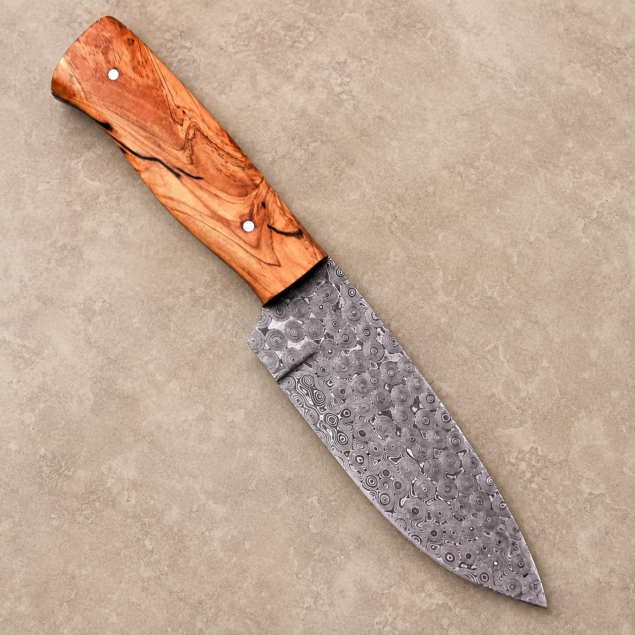 Rain Drop Damascus Steel Utility Knife – Hand Forged 512-Layer Fixed Blade with Natural Wood Handle & Leather Sheath